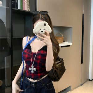 Women's Plaid Camisole with Neck Accessory Slim Fit Short Cami