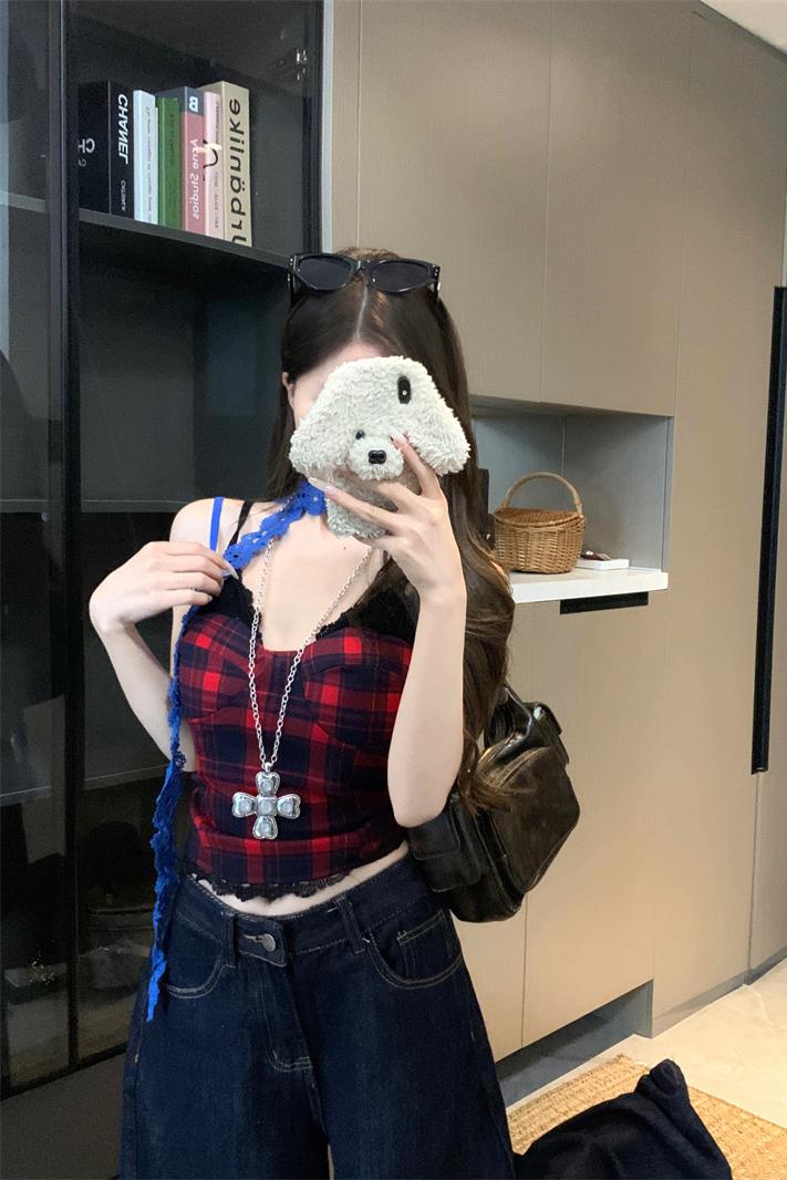 Women's Plaid Camisole with Neck Accessory Slim Fit Short Cami - Image 5