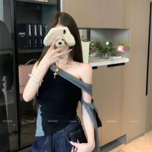New Pure Desire Style Striped Black One-Shoulder Camisole Top for Women