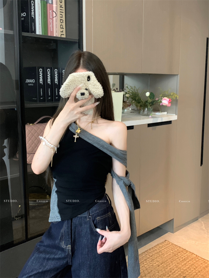 new-pure-desire-style-striped-black-one-shoulder-camisole-top-for-women