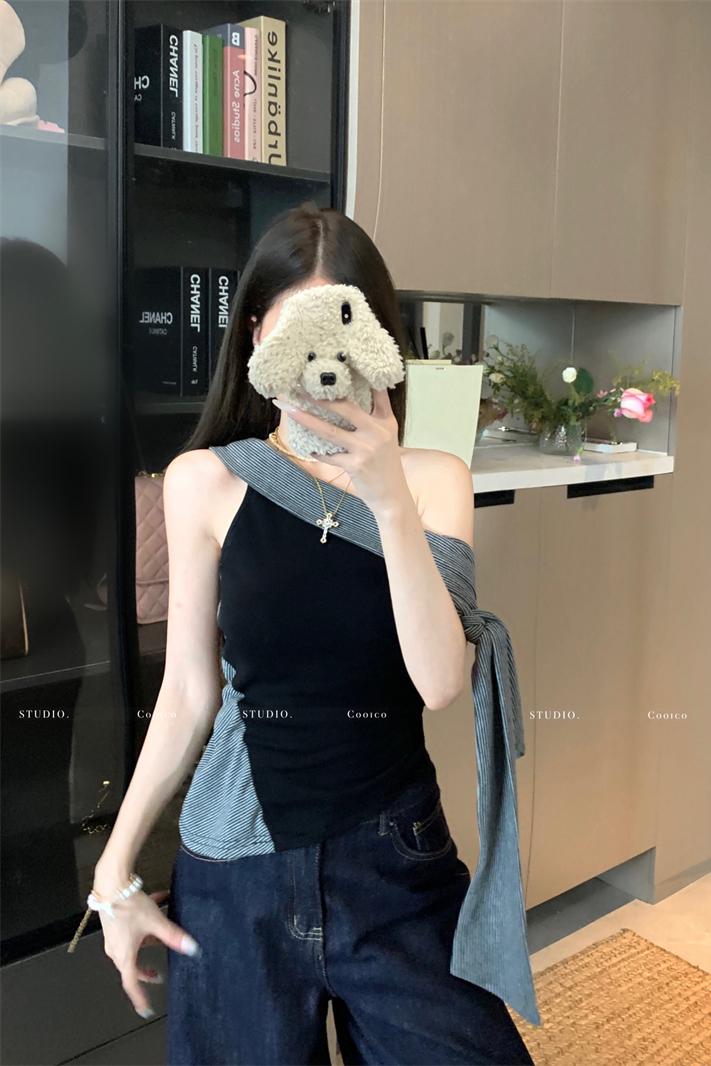 New Pure Desire Style Striped Black One-Shoulder Camisole Top for Women - Image 5