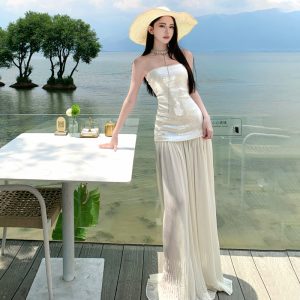 Elegant Strapless Mesh Sequin Maxi Dress for Beach Vacation