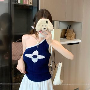 Asymmetric One-Shoulder Color-Block Knit Tank Top for Women Summer Sleeveless Slim Cami