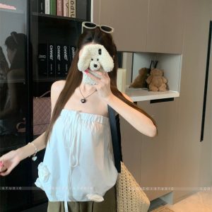 White 3D Floral Halter Camisole Women Summer Slim Fit Sleeveless Top