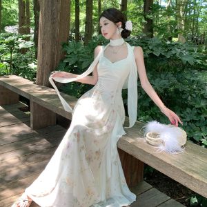 Floral Tie-Dye Back Butterfly Strap Dress with Ribbon
