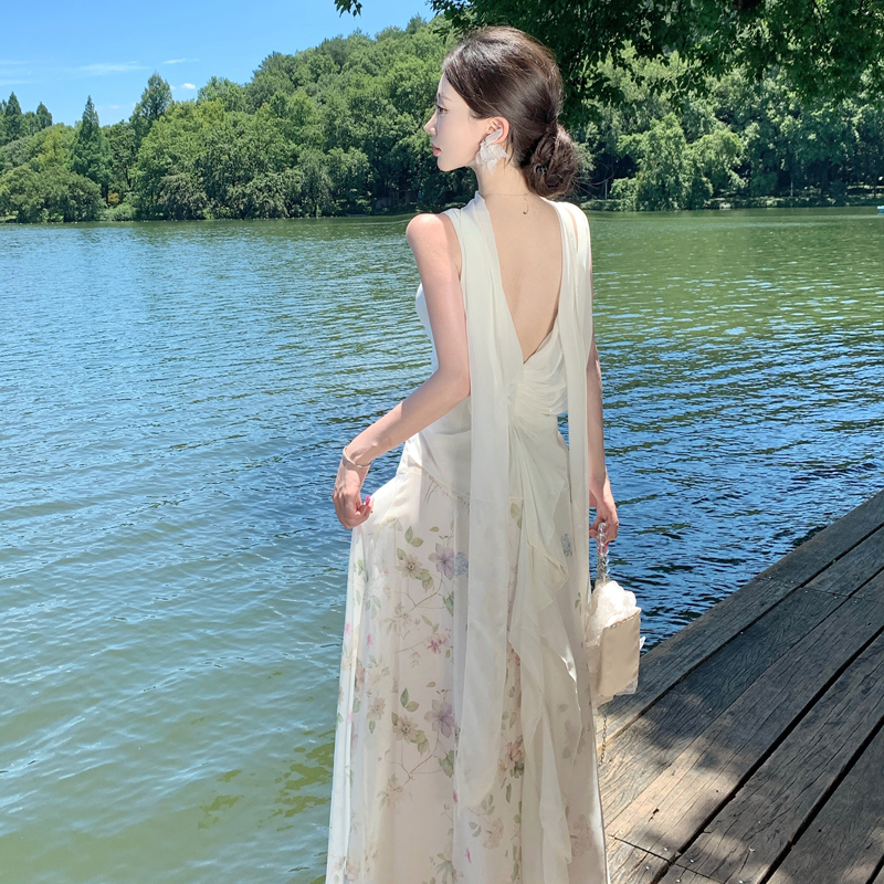 Floral Tie-Dye Back Butterfly Strap Dress with Ribbon - Image 2