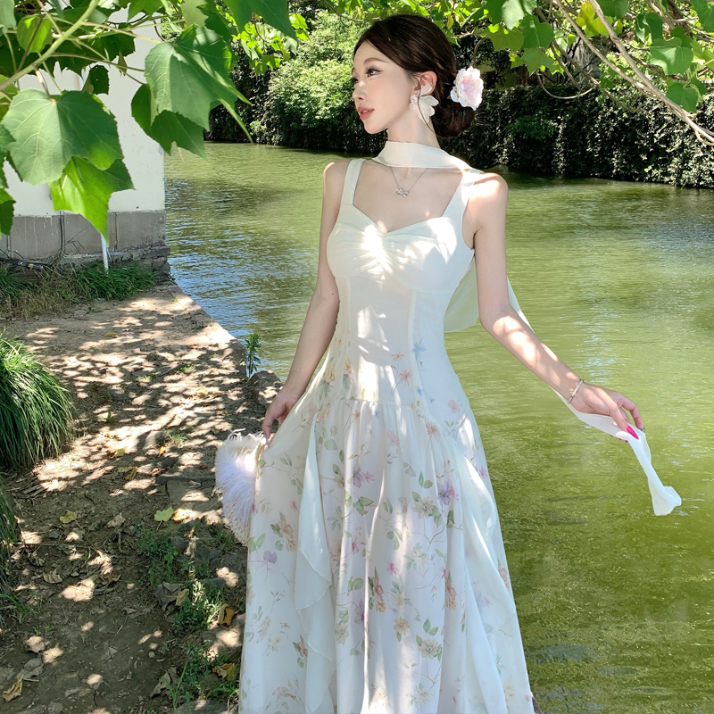 Floral Tie-Dye Back Butterfly Strap Dress with Ribbon - Image 4