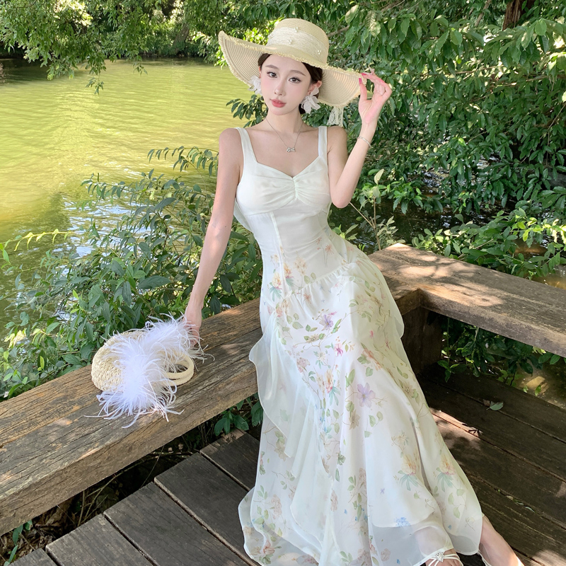 Floral Tie-Dye Back Butterfly Strap Dress with Ribbon - Image 3