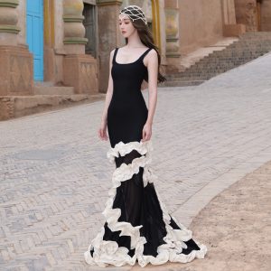 Women's Floral Trim V-Neck Cami Ruffle Long Dress