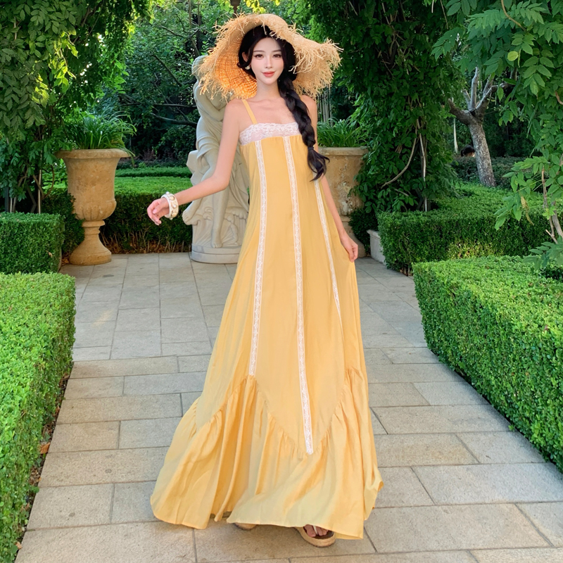 Yellow Low Waist Large Hem Vacation Dress - Image 3