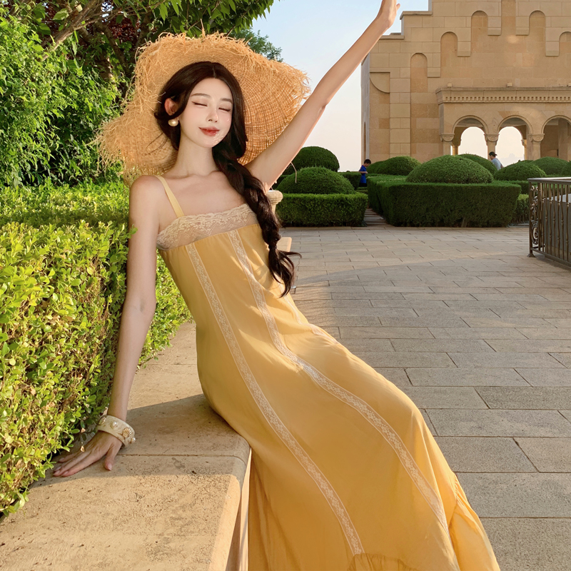 Yellow Low Waist Large Hem Vacation Dress - Image 2