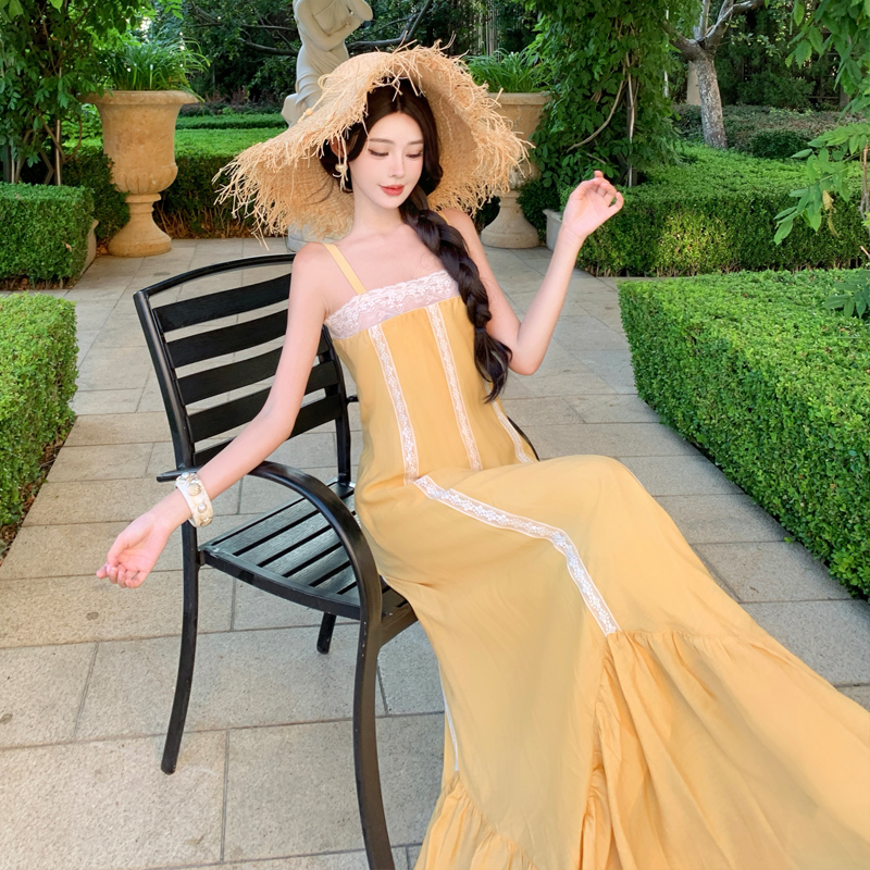 Yellow Low Waist Large Hem Vacation Dress - Image 5