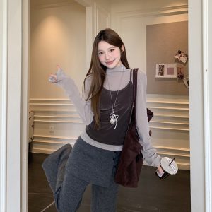 Women's Slim Fit Two-Piece Top Set with Wide-Leg Pants