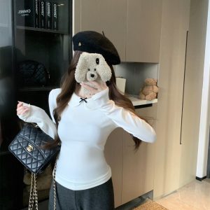 Women's Slim Fit Long Sleeve Pullover Top with Doll Collar and Bow - White