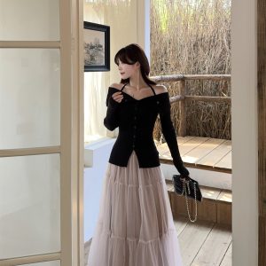 Sexy Off-Shoulder Halter Long-Sleeve Top and Tulle Skirt Set