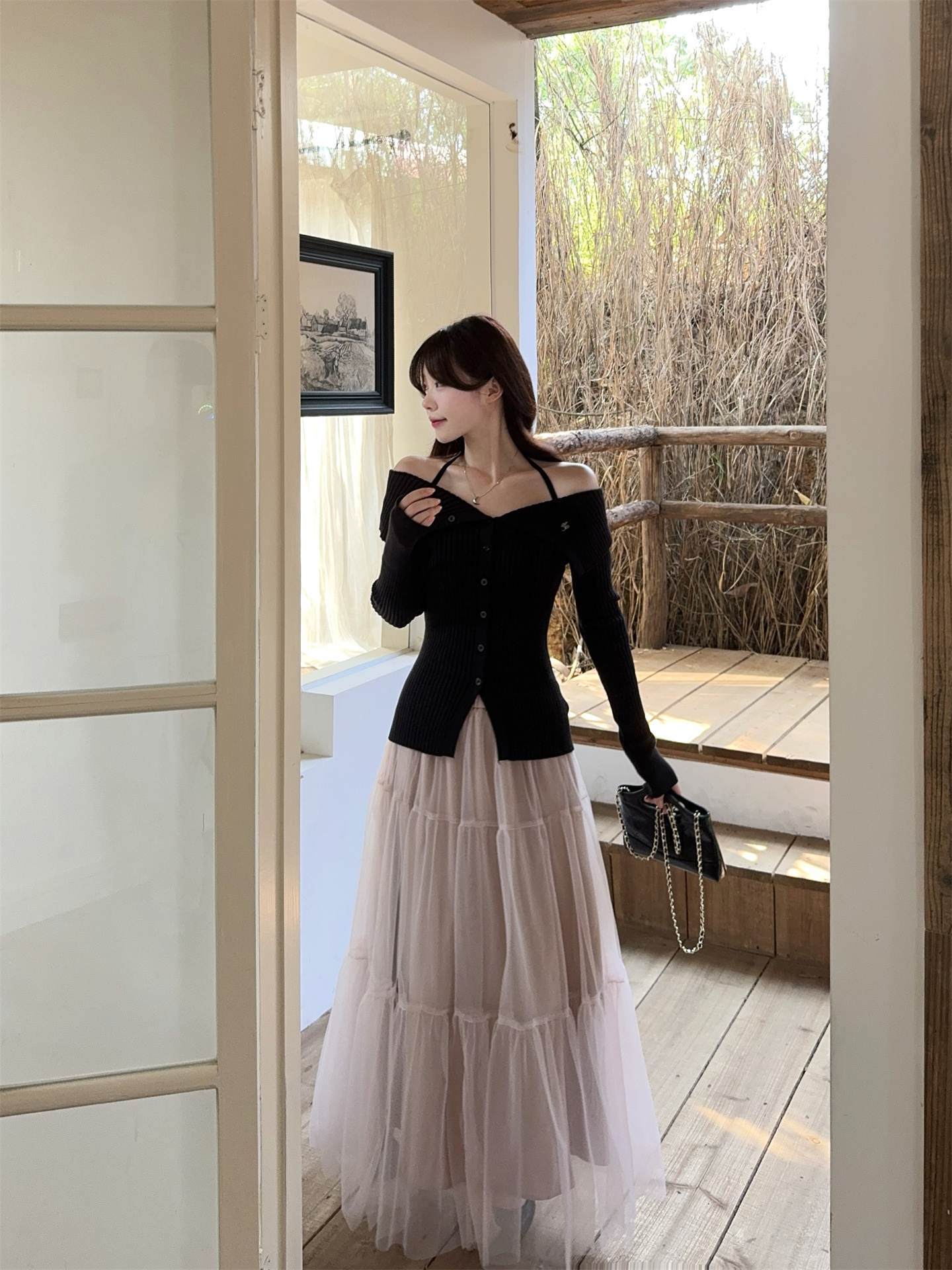 sexy-off-shoulder-halter-long-sleeve-top-and-tulle-skirt-set