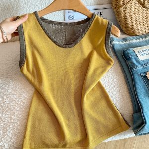 Women's Color Block Cutout Back U-Neck Knit Sleeveless Vest Summer Slimming Top