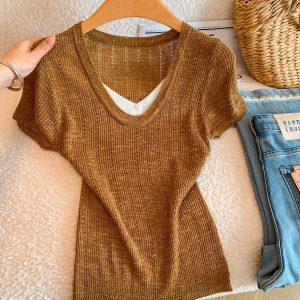 Women's Summer Sheer V-Neck Short Sleeve Knit Top - Slim Fit French Style