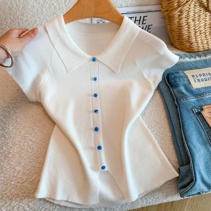 Ice Sea T Sweet Lapel Short Sleeve Knit Top Summer Women Button Waist Shirt