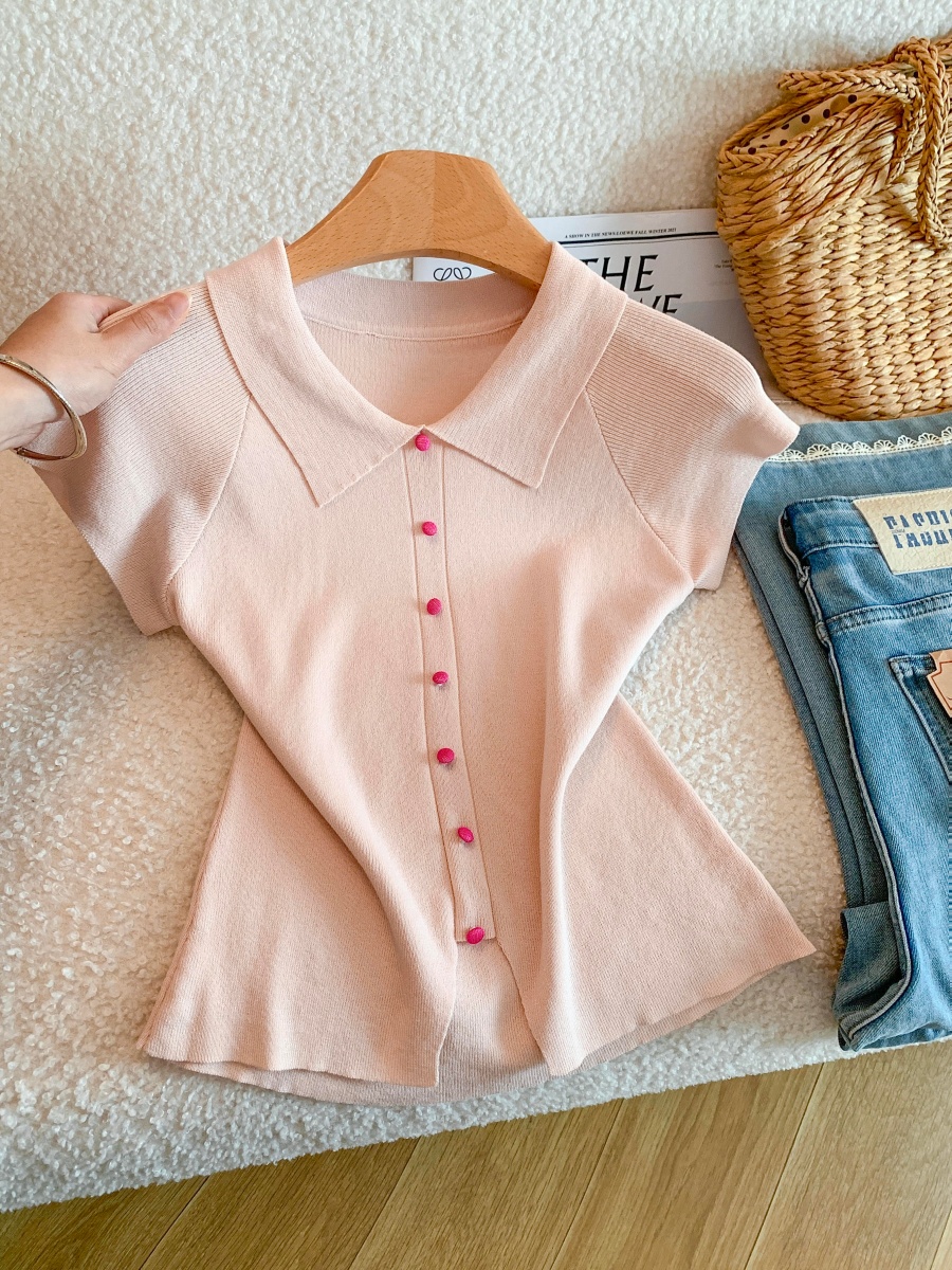 Ice Sea T Sweet Lapel Short Sleeve Knit Top Summer Women Button Waist Shirt - Image 2