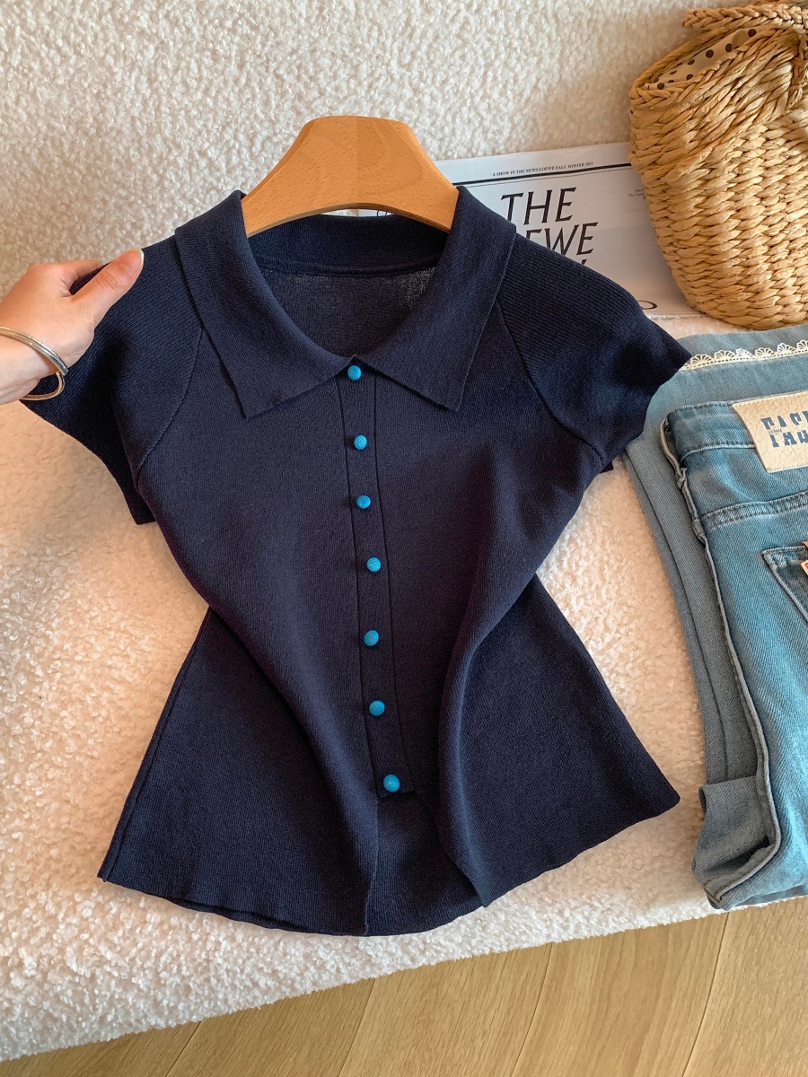 Ice Sea T Sweet Lapel Short Sleeve Knit Top Summer Women Button Waist Shirt - Image 3