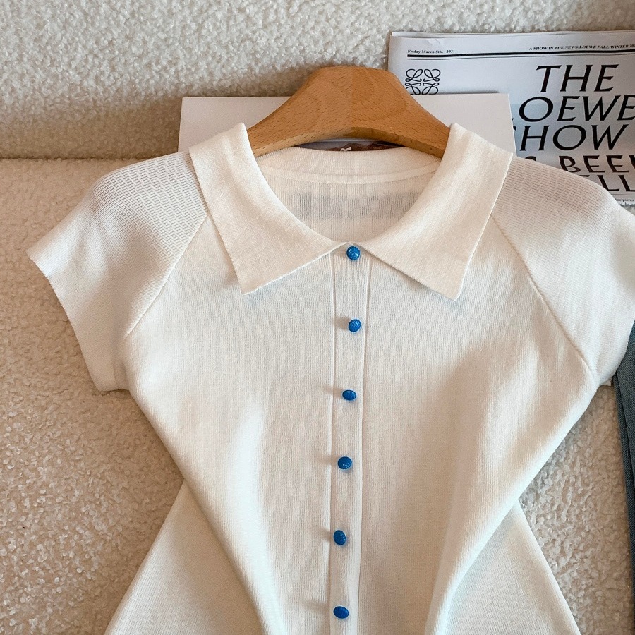 Ice Sea T Sweet Lapel Short Sleeve Knit Top Summer Women Button Waist Shirt - Image 4