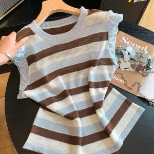 Women's Colorblock Striped Knit Tank Top Summer Sleeveless Round Neck Pullover