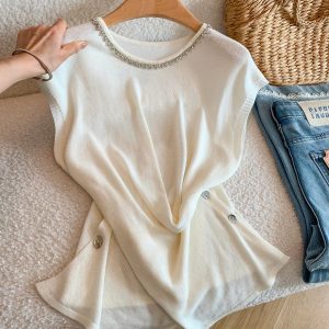 Women's Beaded Puff Sleeve Knit Top 2026 Summer Slim Fit Design
