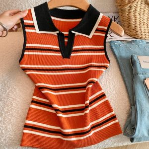 Women's Striped Polo Collar Sleeveless Knit Top Summer Thin Pullover
