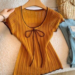 Korean Style Contrast Trim Short Sleeve T-Shirt for Women Summer Bow Tie Hollow Out Cropped Knit Top