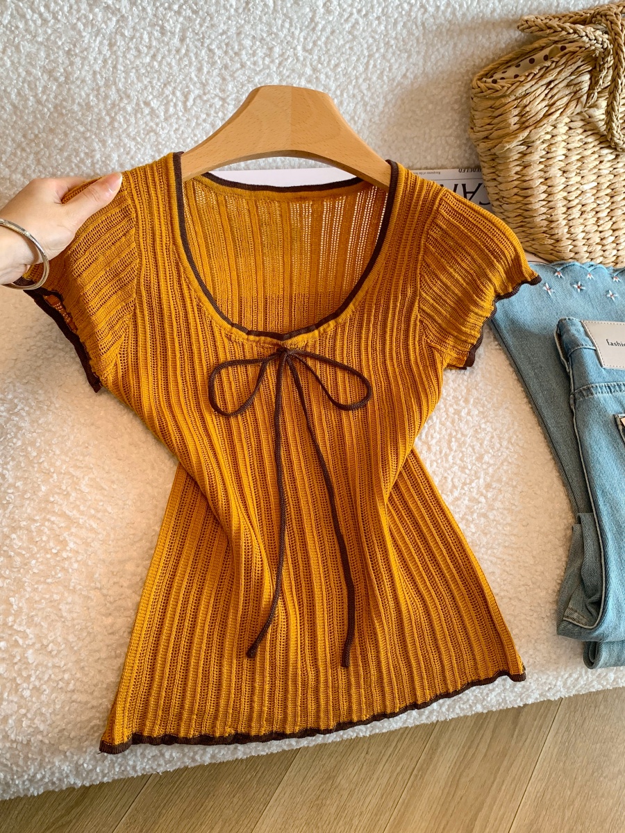 korean-style-contrast-trim-short-sleeve-t-shirt-for-women-summer-bow-tie-hollow-out-cropped-knit-top