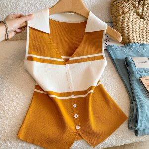 Korean Style Color Block Knit Cardigan Sleeveless Top for Women 2026 Summer