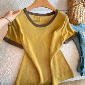 Korean Contrast Color Round Neck Back Cutout Short Sleeve Knit Top Women Summer Loose Slimming Versatile Thin Shirt