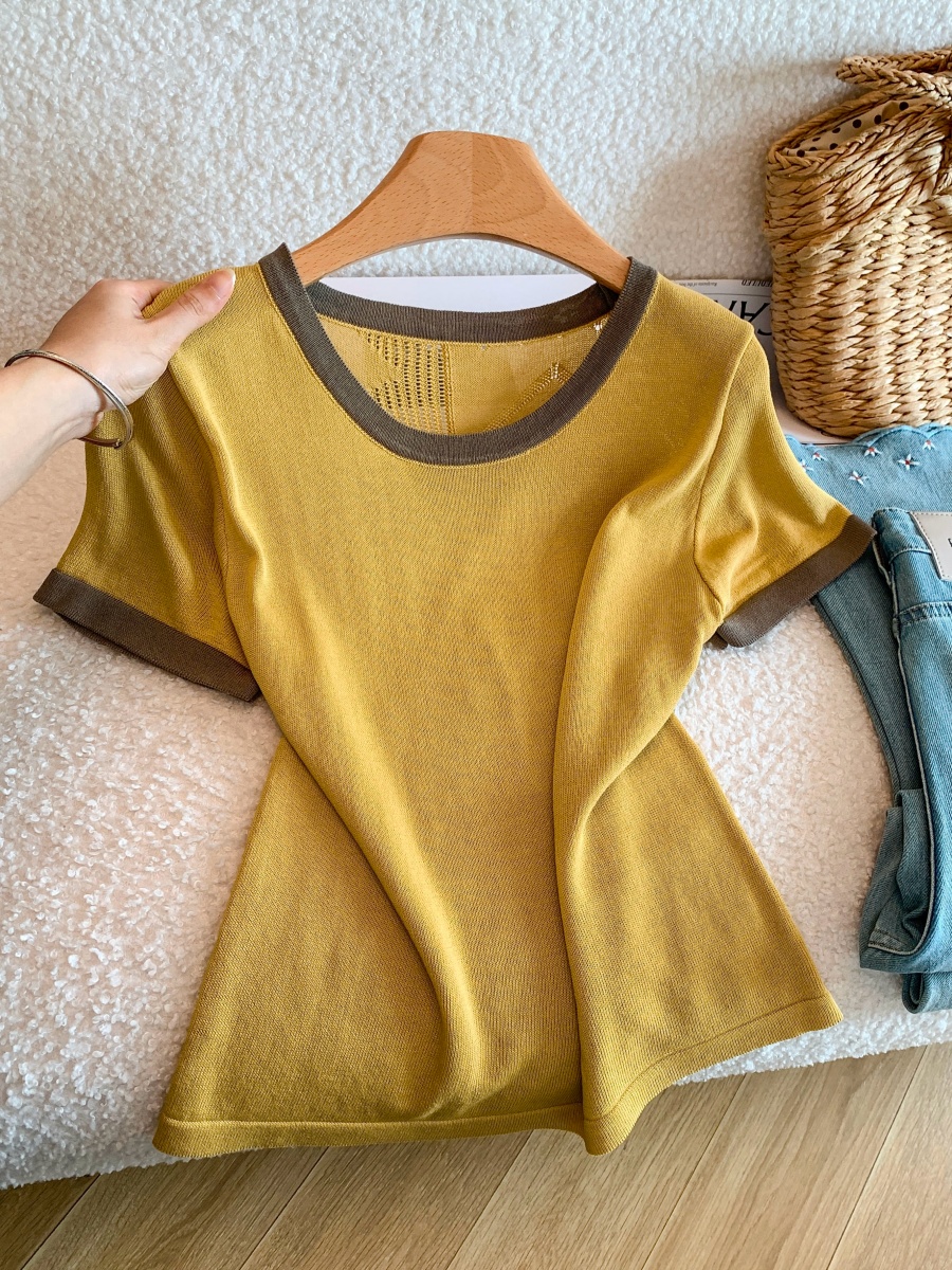 korean-contrast-color-round-neck-back-cutout-short-sleeve-knit-top-women-summer-loose-slimming-versatile-thin-shirt