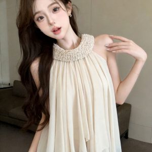 Women's Off-Shoulder Chiffon Top with Puff Sleeves and Asymmetric Hem