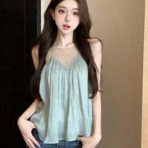 French Style Sleeveless Mesh Rhinestone Panel Top for Women