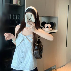 Fresh Bow Linen Cotton Striped Camisole Women Summer Breathable Slimming Top