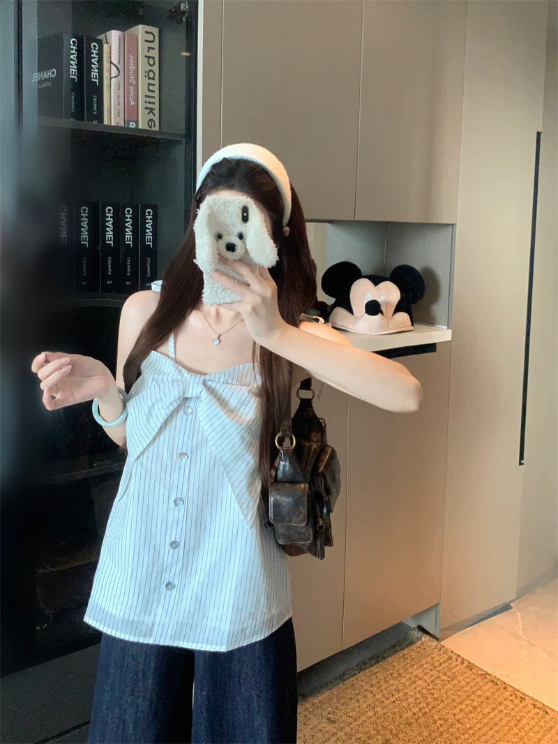 Fresh Bow Linen Cotton Striped Camisole Women Summer Breathable Slimming Top
