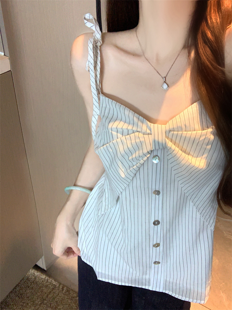 Fresh Bow Linen Cotton Striped Camisole Women Summer Breathable Slimming Top - Image 2