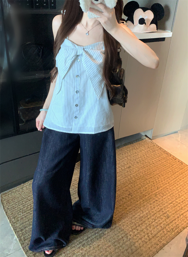 Fresh Bow Linen Cotton Striped Camisole Women Summer Breathable Slimming Top - Image 4