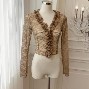 French Court Style Vintage Lace Trim Long Sleeve Women Blouse with Flared Sleeves