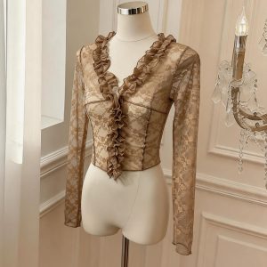 French Court Style Vintage Lace Trim Long Sleeve Blouse for Women with Flared Sleeves