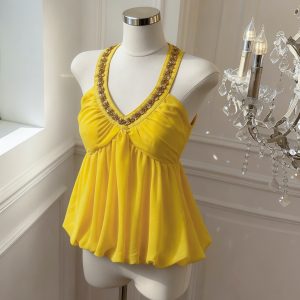 French Style Rhinestone V-Neck Halter Cami Top for Women Summer Chic