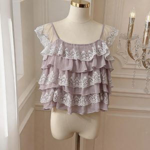 2026 Summer Korean Style Layered Lace Trim Cami Top - Style 7751e7