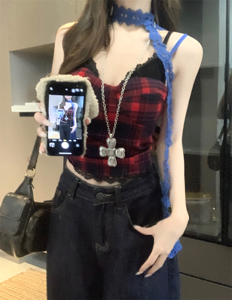 Women's Plaid Camisole with Neck Accessory Slim Fit Short Cami - Image 4