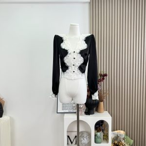 Women's Lace Satin Patchwork Top French Style Black and White
